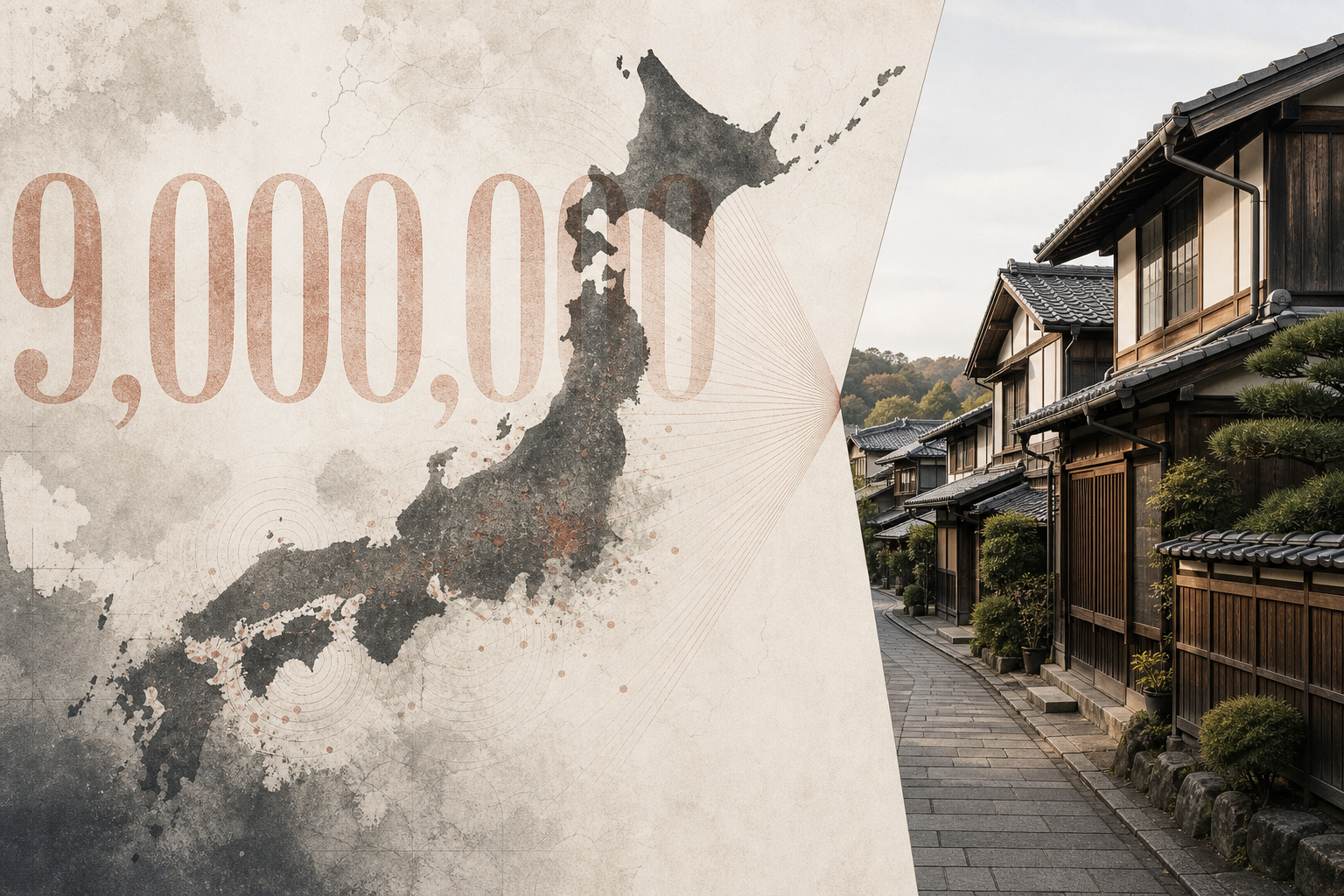 Abstract illustration of Japan's 9 million vacant homes figure narrowing into a small funnel of viable houses