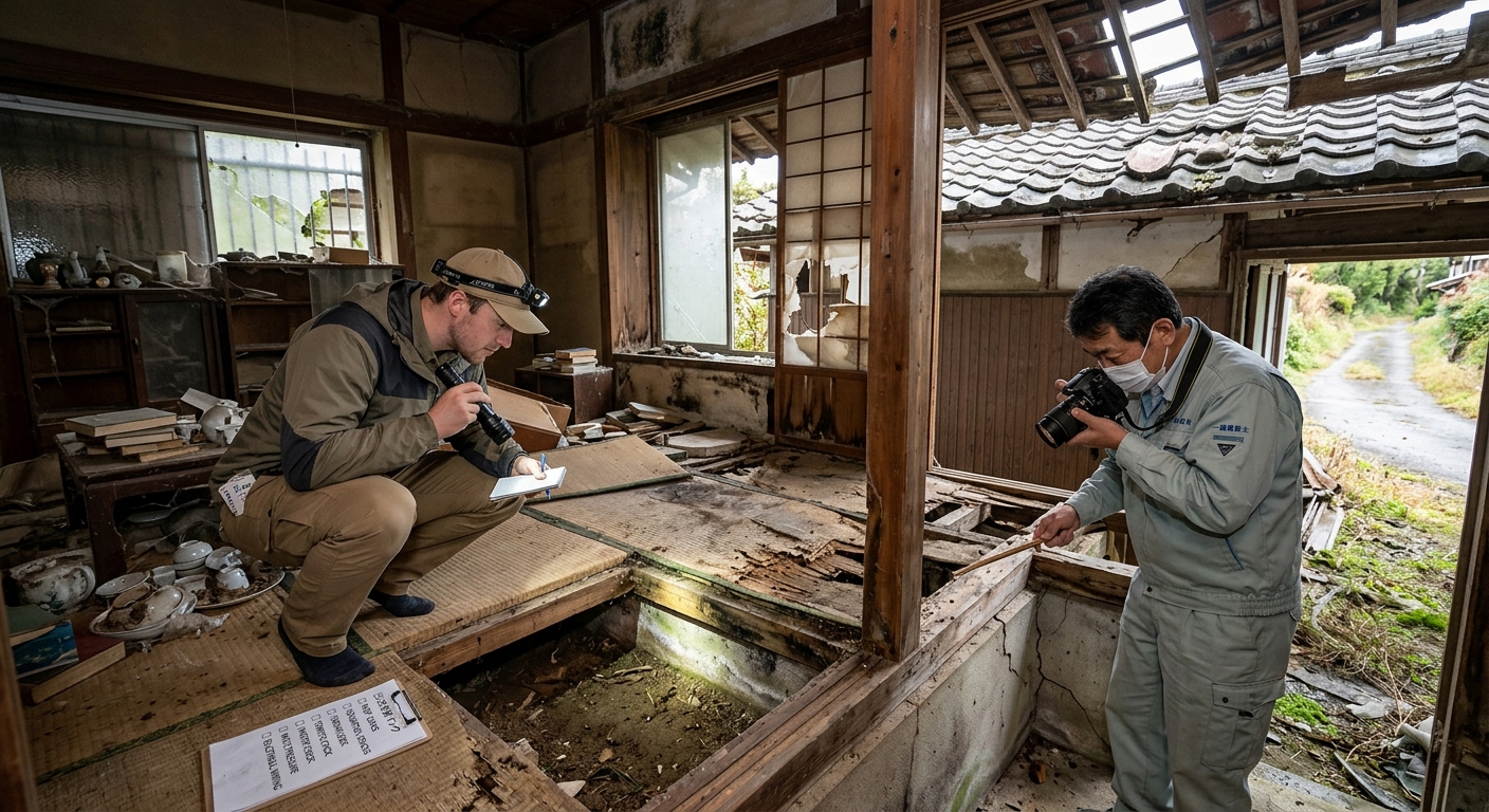 A buyer and local inspector examining the floor structure inside an old akiya