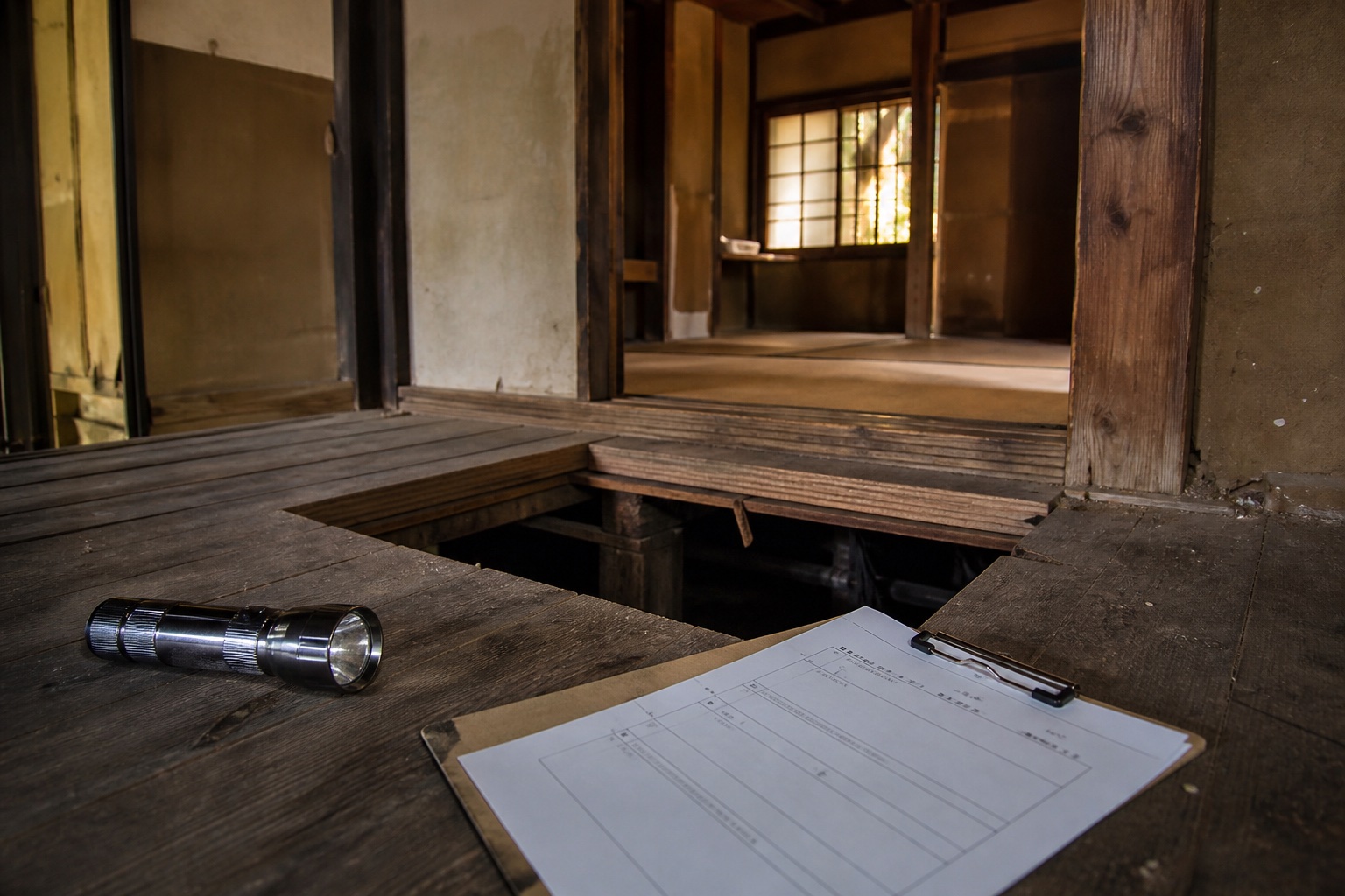 A torch and clipboard on exposed underfloor timber in a vacant Japanese house during inspection