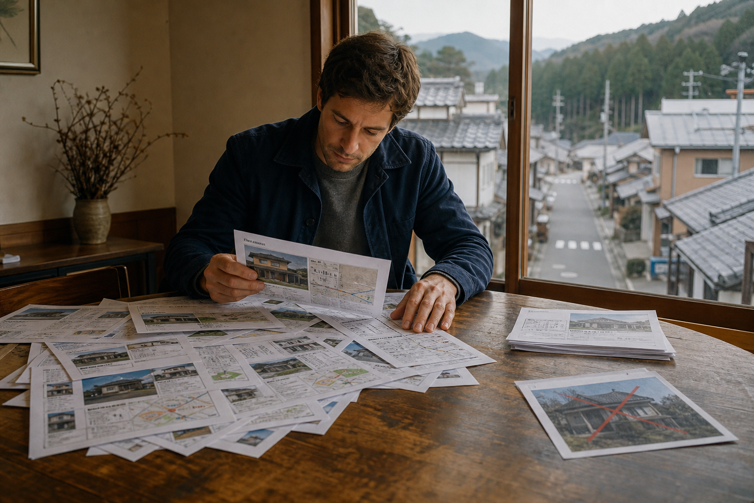 A buyer sorting a dense pile of Japan listing printouts down to a short qualified stack