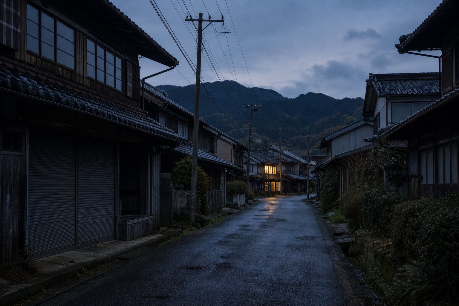 A row of traditional Japanese houses on a quiet rural street at dusk where most are shuttered and one is still lit