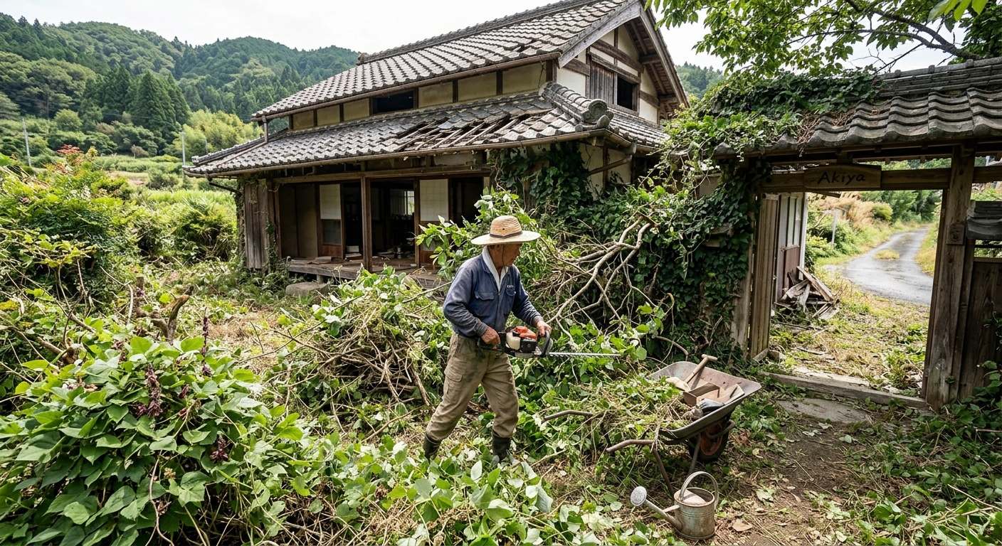 A rural akiya property being cleared of overgrown weeds and branches