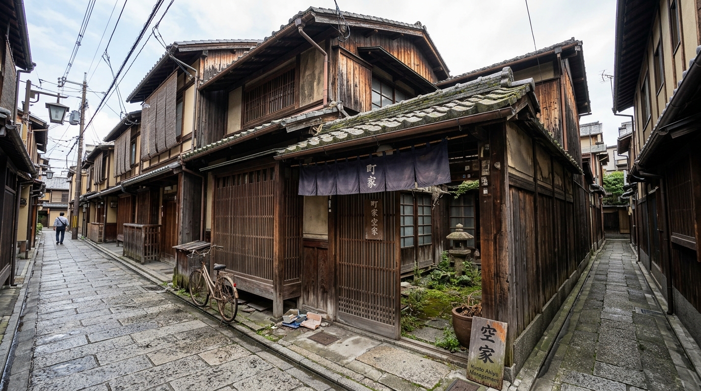 A vacant traditional Japanese house on a narrow stone street