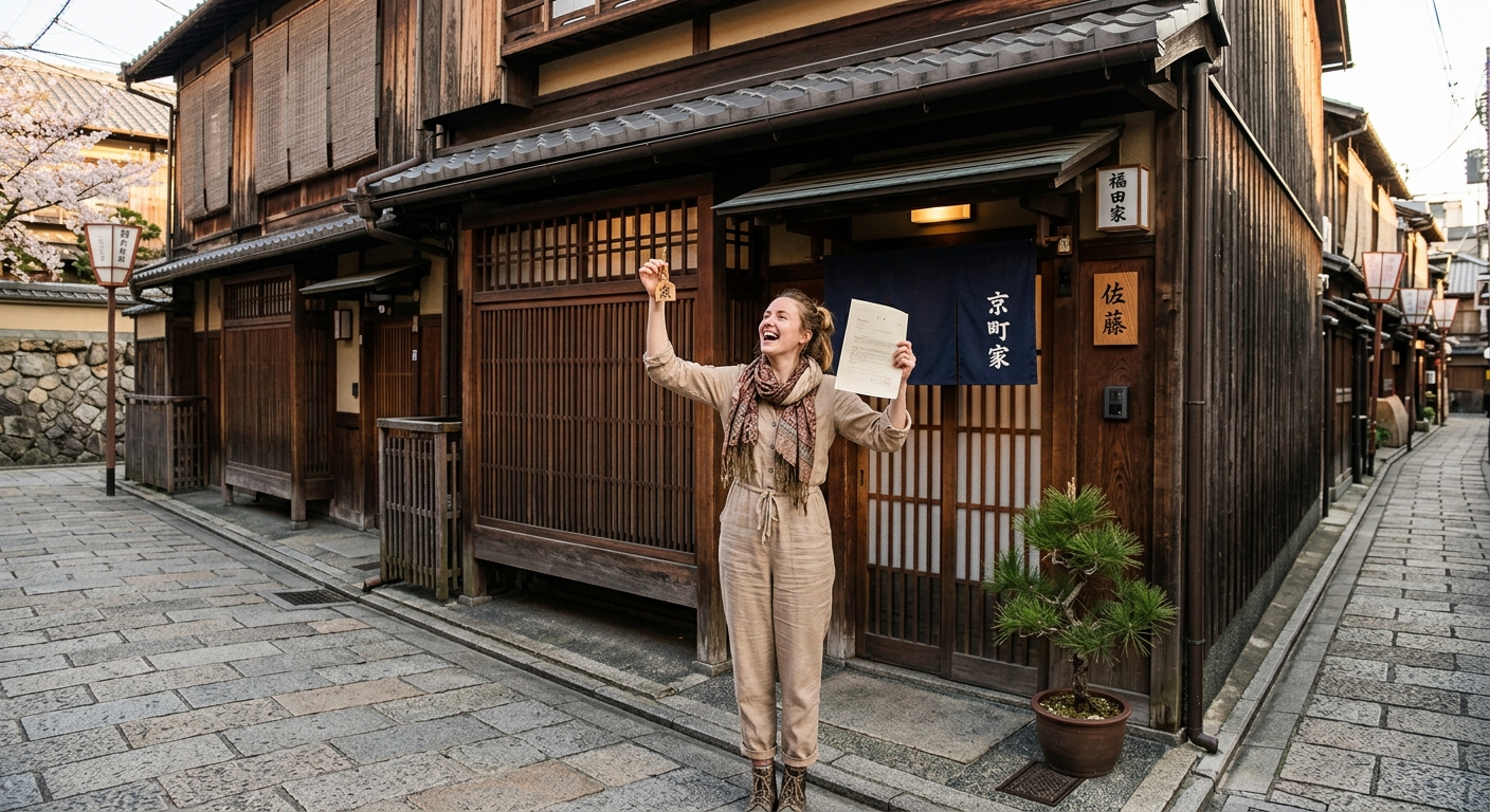 A foreign buyer celebrating outside a traditional Japanese home with property documents