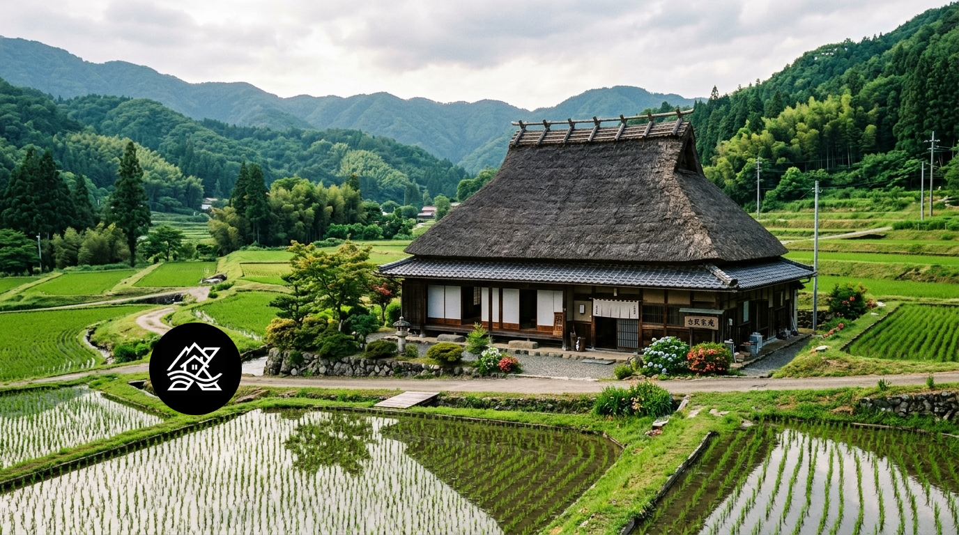 A foreign buyer celebrating outside a traditional Japanese home with property documents