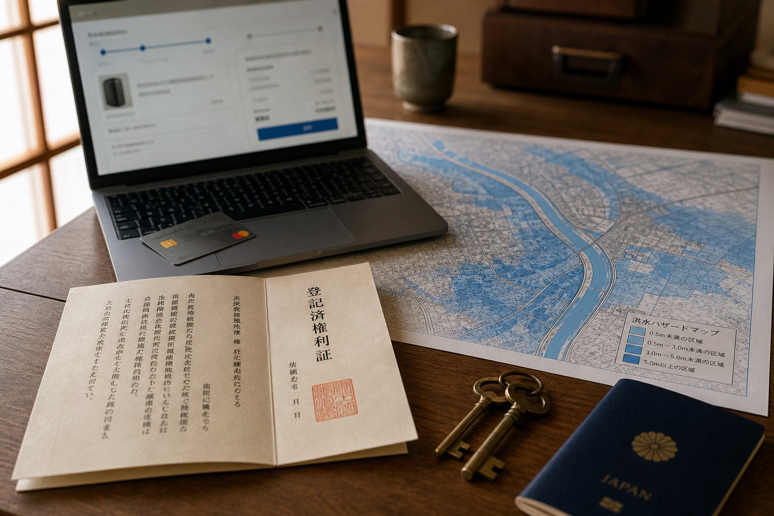 A credit card on a laptop beside a Japanese property deed, hazard map, and closed passport