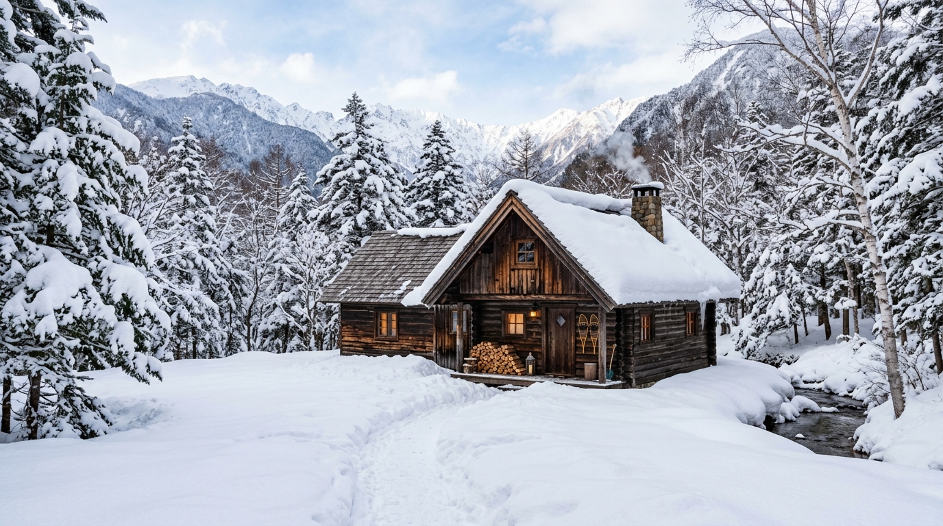 A snow-covered cabin in Japan's mountain country