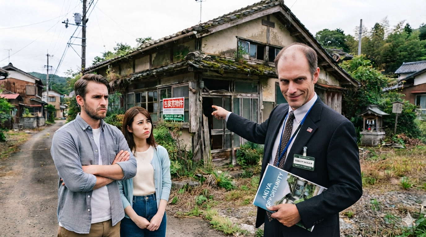 A suited consultant pointing at a dilapidated rural akiya while a skeptical foreign couple looks on
