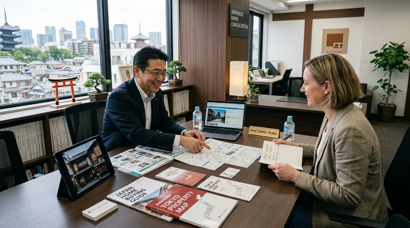 A foreign buyer reviewing Japan property documents with a real estate consultant