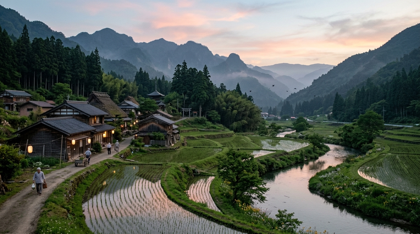 Traditional homes and rice fields in rural Japan at dusk