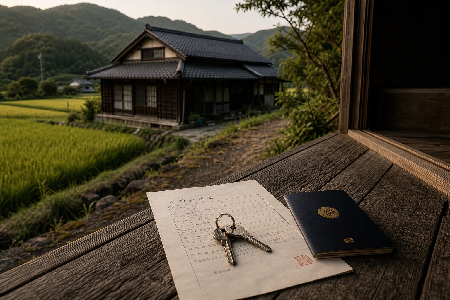 Keys resting on a Japanese property deed beside a closed passport on the wooden veranda of a rural akiya
