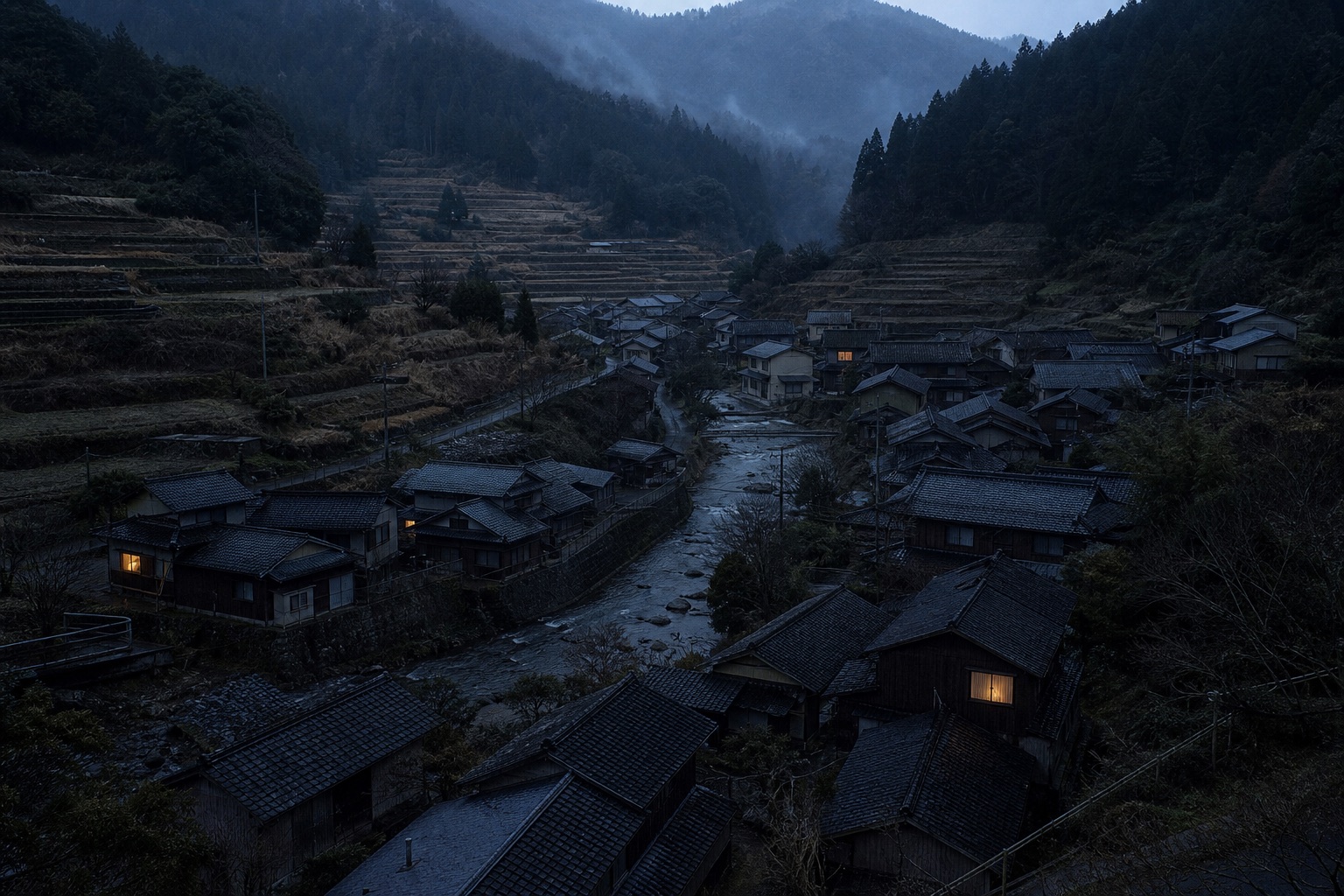 A Japanese mountain valley village at dusk with almost every window dark and only three houses still lit