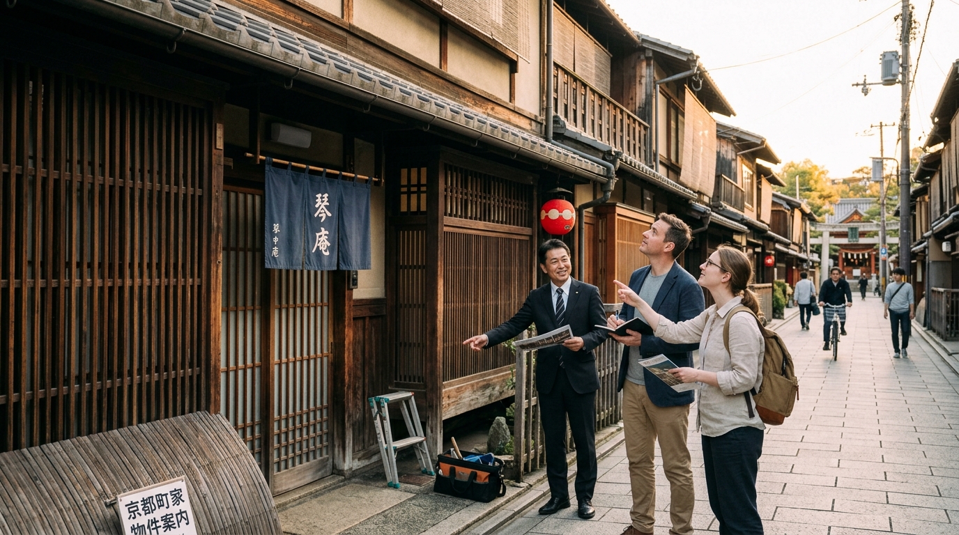 Foreign buyers viewing a traditional machiya property in Kyoto with a local agent