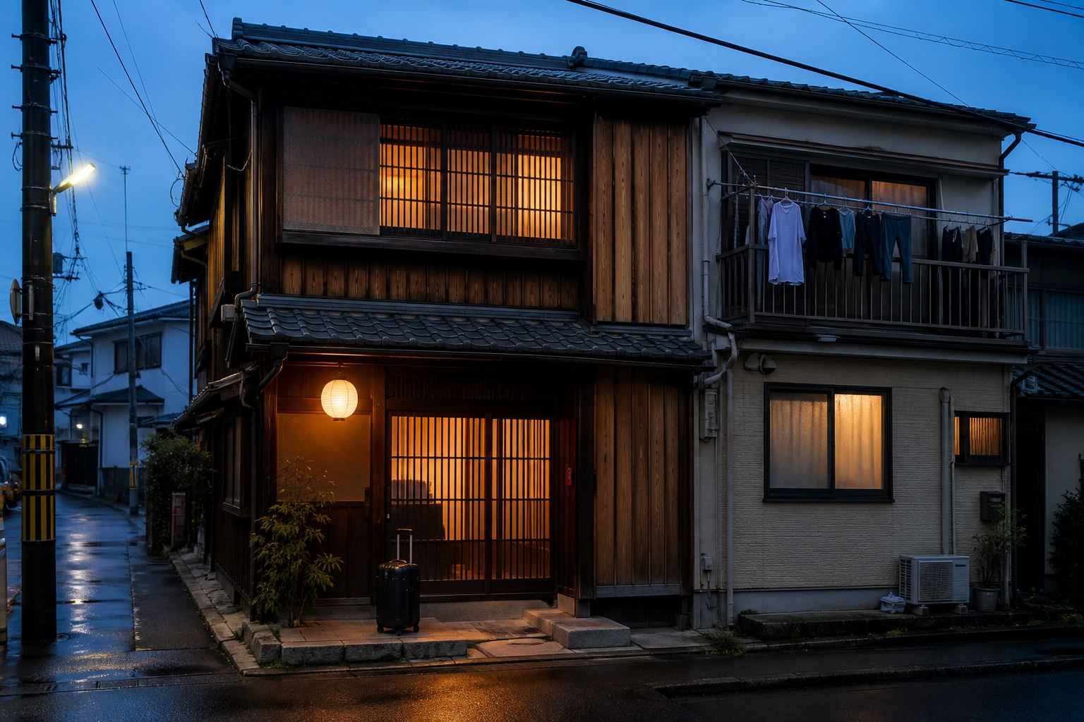 A lit guesthouse with a suitcase at its door beside an ordinary Japanese family home at dusk on a narrow residential lane