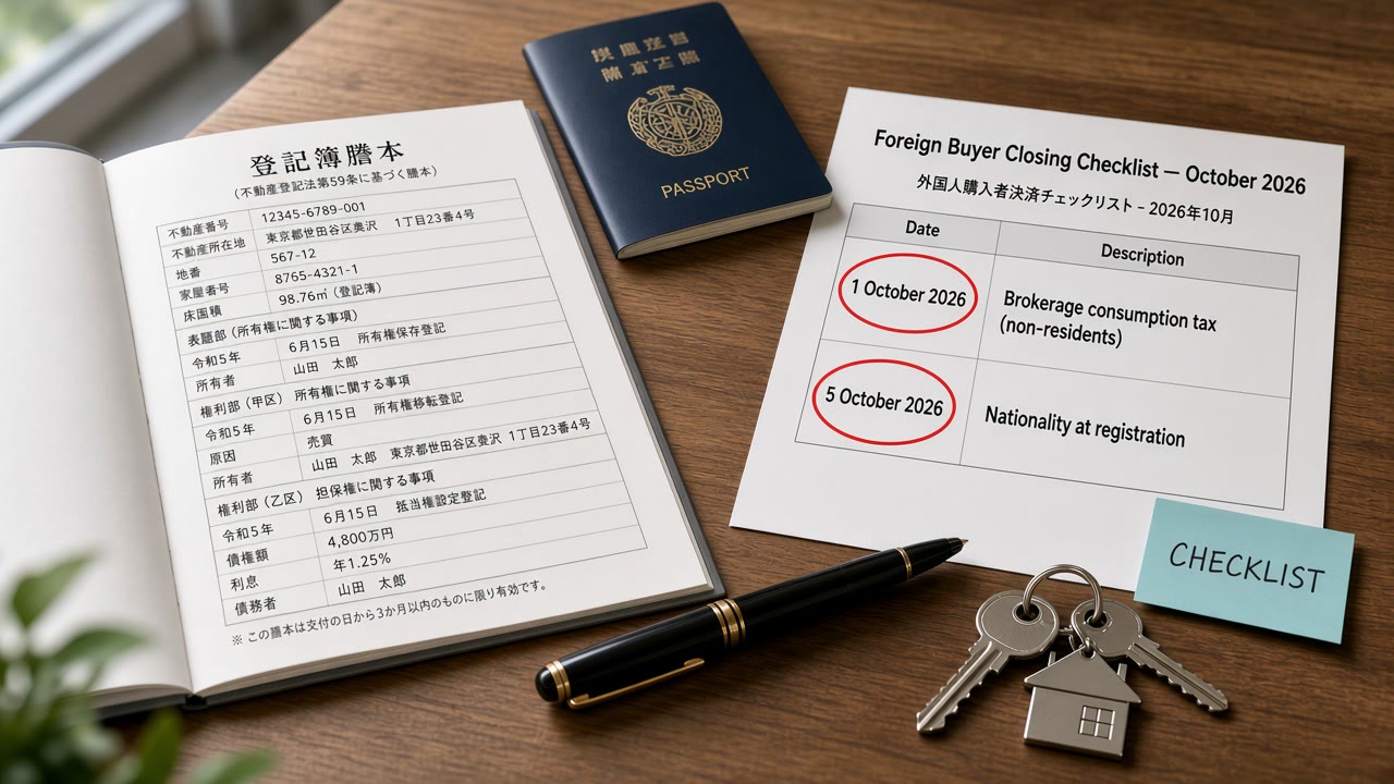 Foreign buyer closing checklist for October 2026 beside a Japanese property register, passport, and house keys