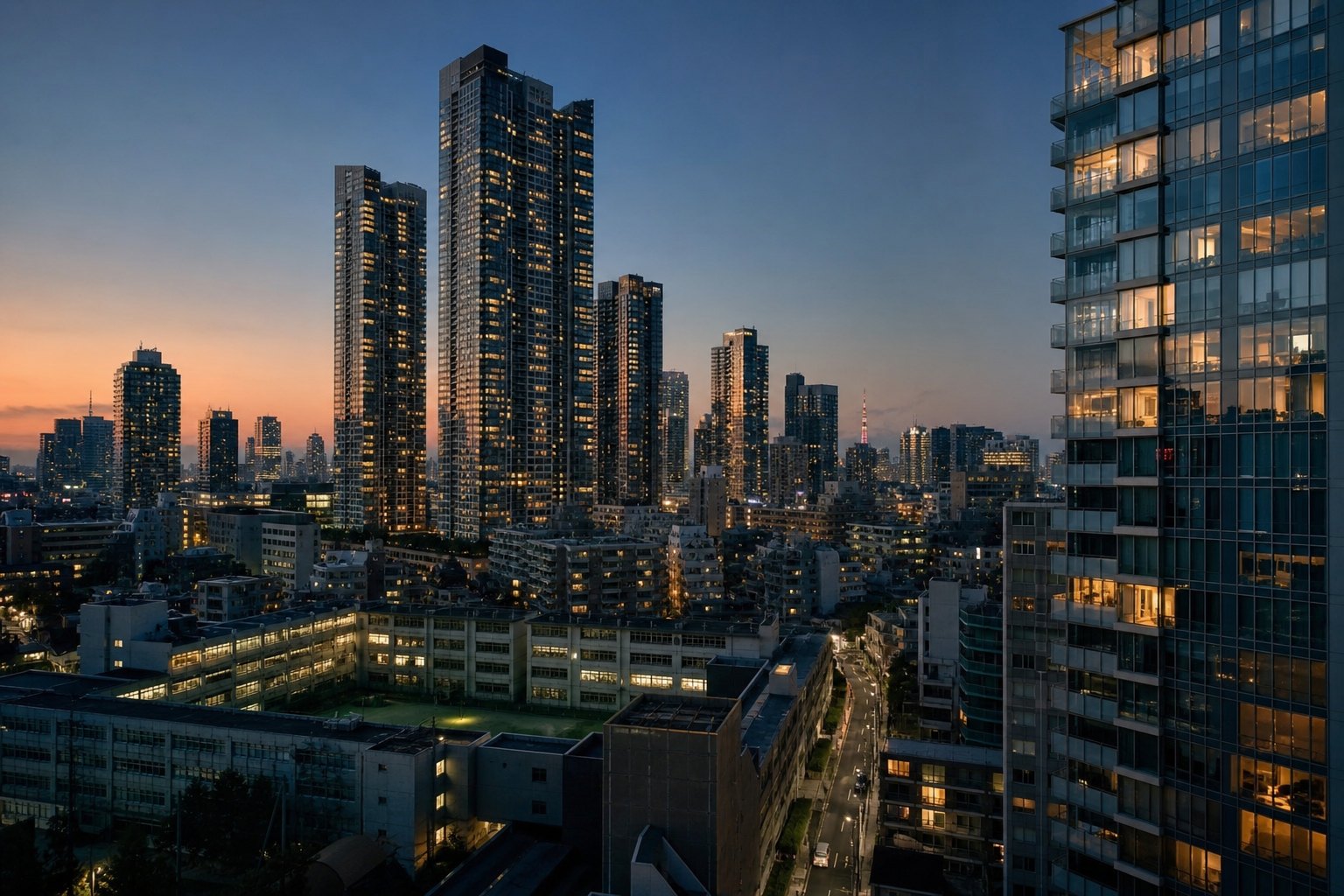 Luxury glass condominium towers in central Tokyo at dusk, with warm interior lights and an older mid-rise neighborhood in the foreground