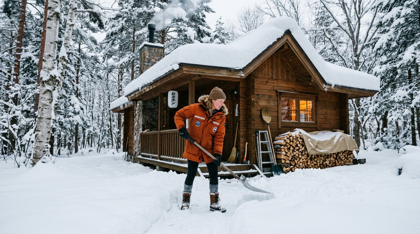 A homeowner clearing snow outside a wooden cabin in Japan