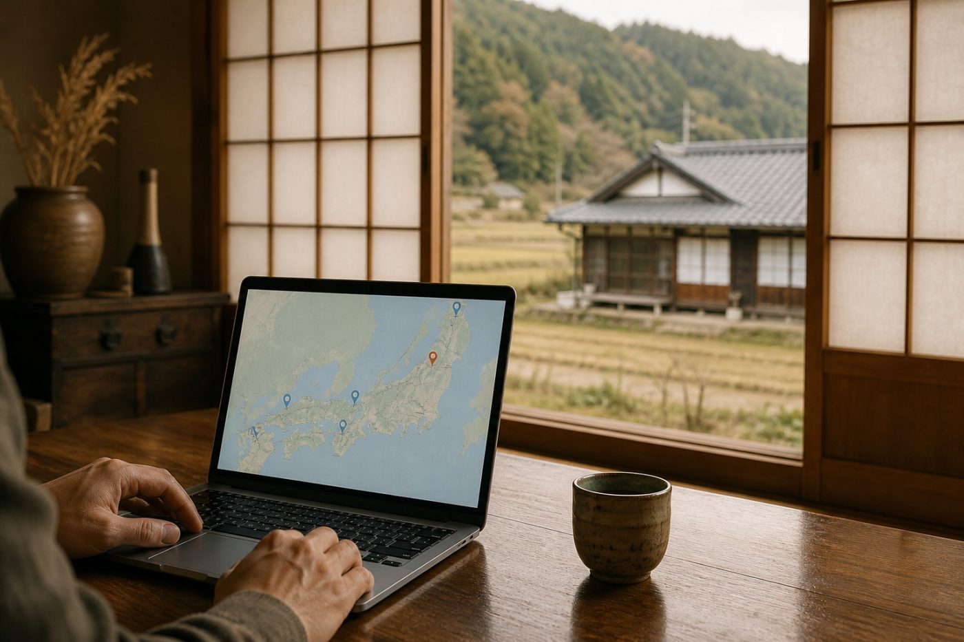 Browsing a rural Japan map on a laptop in a farmhouse