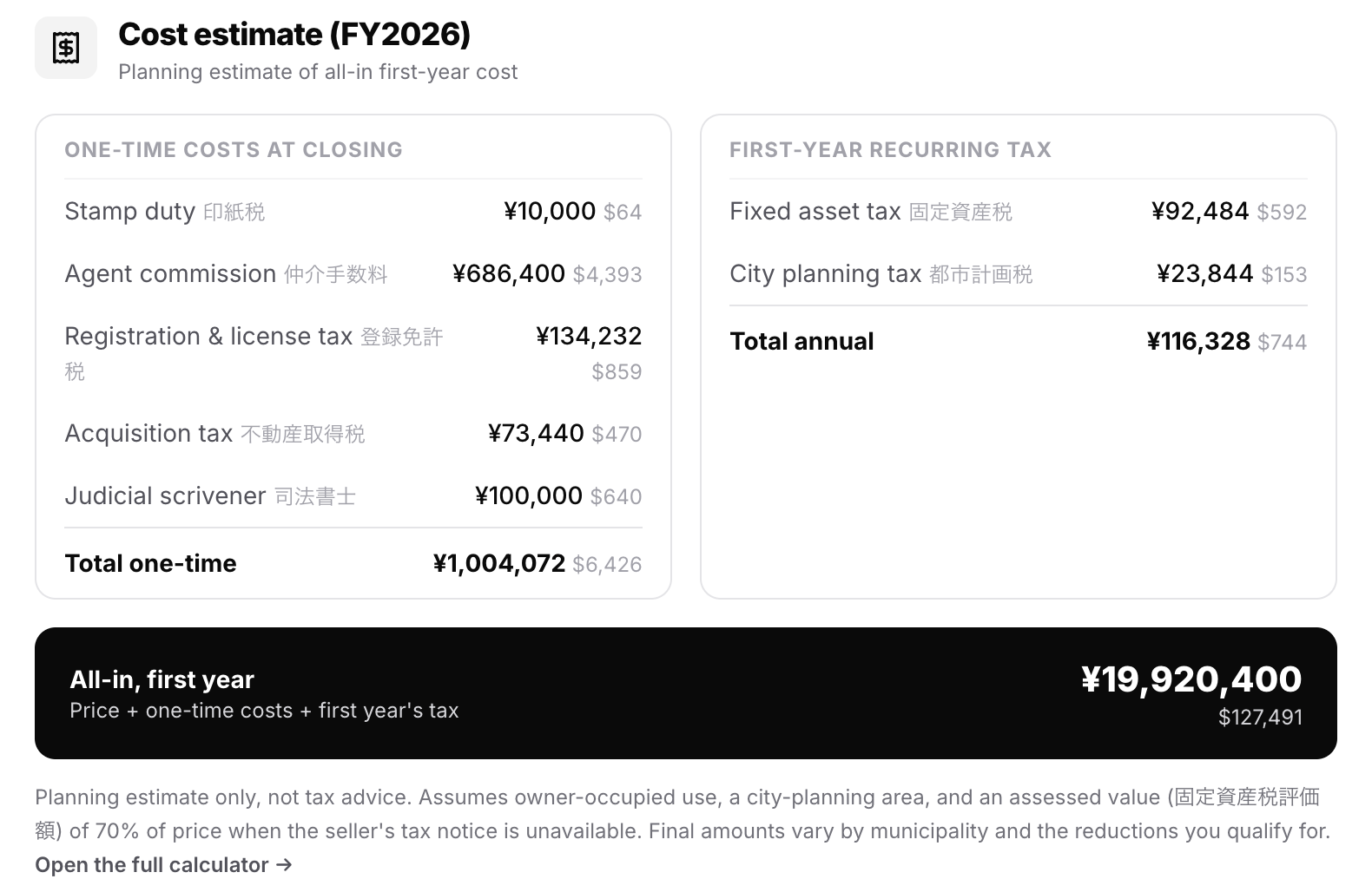 Akiya X cost estimate breakdown showing closing fees and first-year taxes in yen and USD
